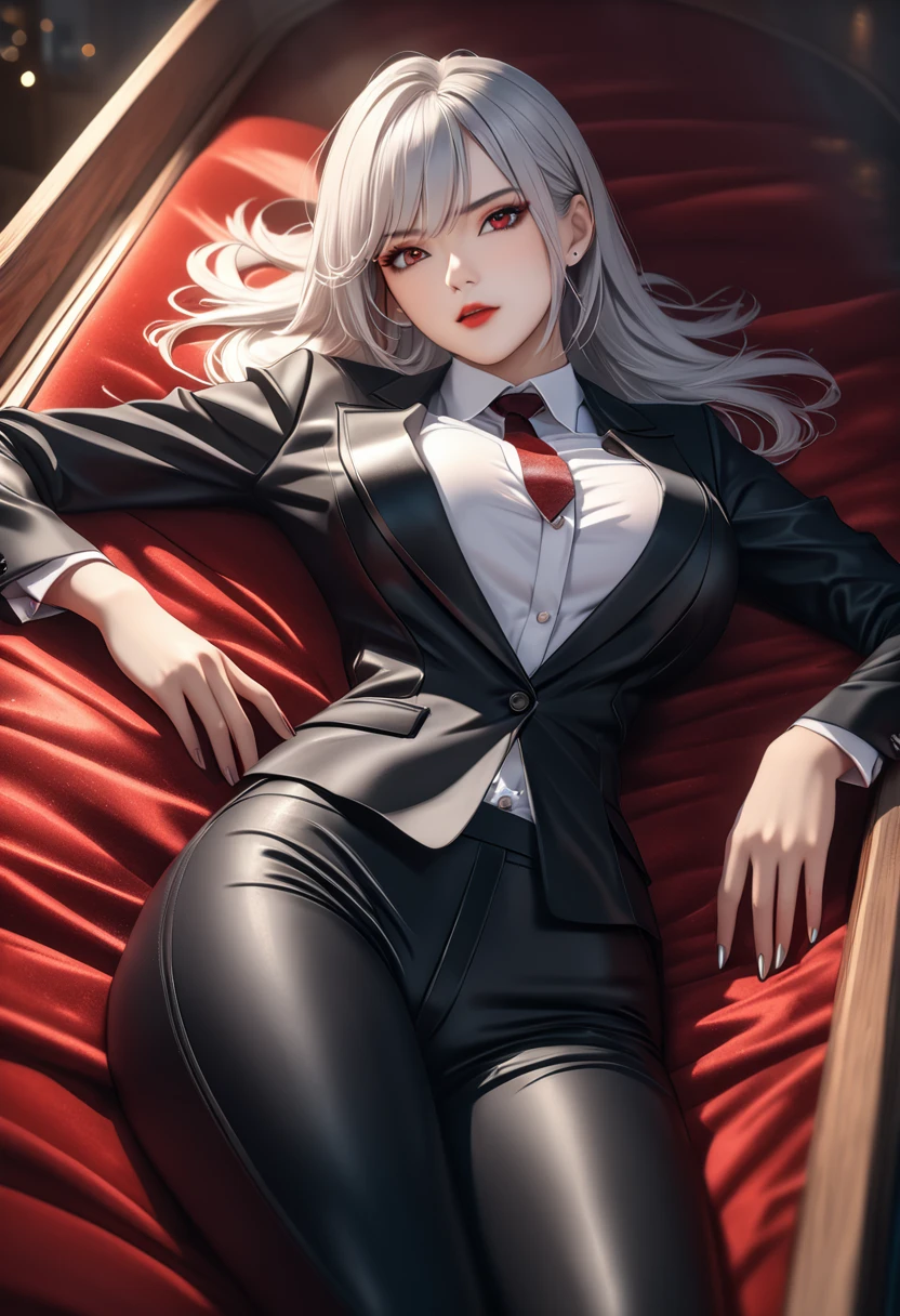 a mature vampire woman with big red eyes, white long hair, beautiful detailed face, laying down in a coffin, simple pose, attractive figure, shot straight. detailed outfit, white shirt, tight black suit, tie, tight black pants, (best quality,4k,8k,highres,masterpiece:1.2),ultra-detailed,HDR,UHD,studio lighting,ultra-fine painting,sharp focus,physically-based rendering,extreme detail description,professional,vivid colors,bokeh,dark fantasy,horror,chiaroscuro,dramatic lighting
