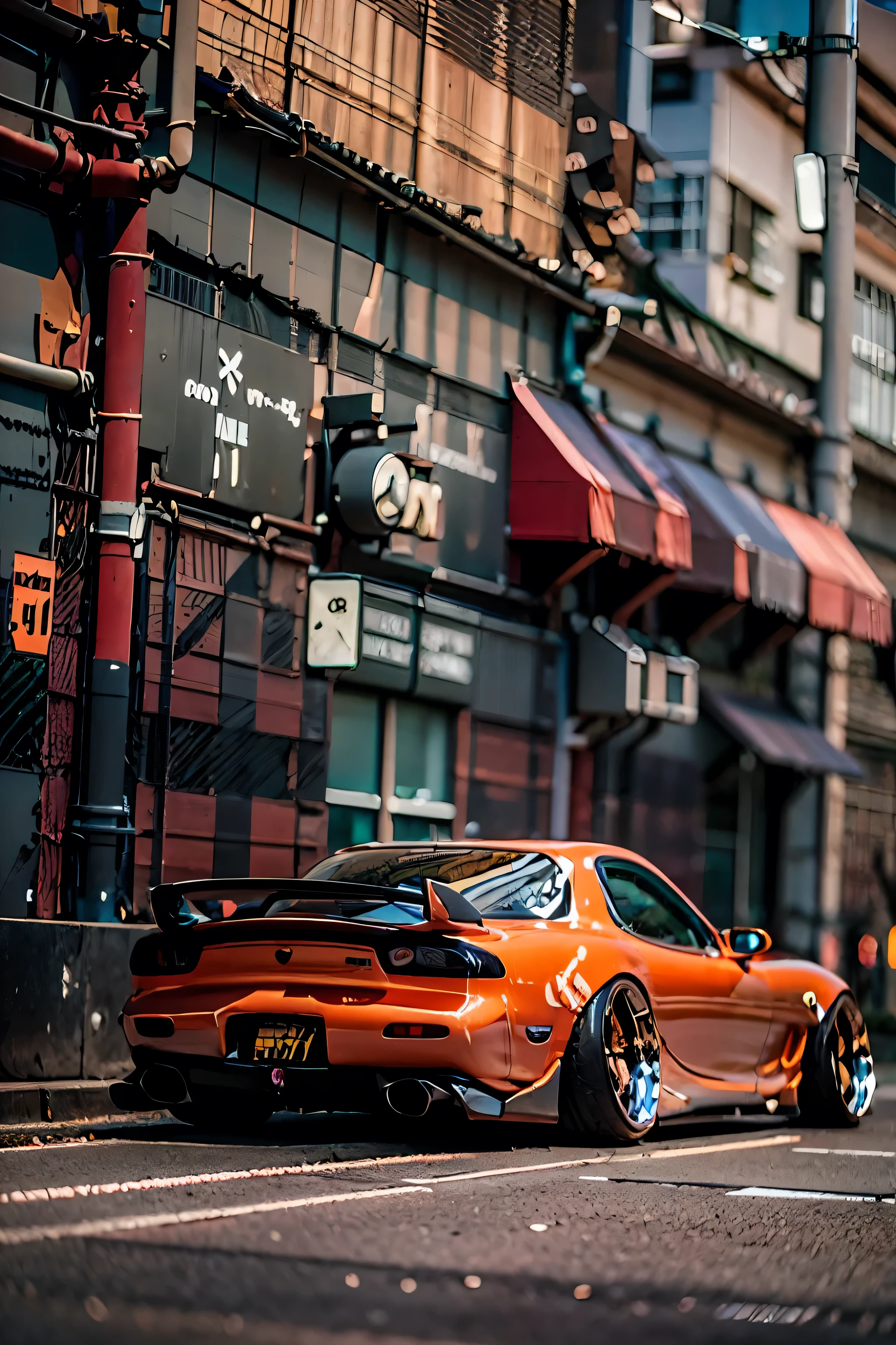 Tuned RX7 , Widebody kit , Deep rim wheel ,Custom car , cyberpunk , high definition, High Details,