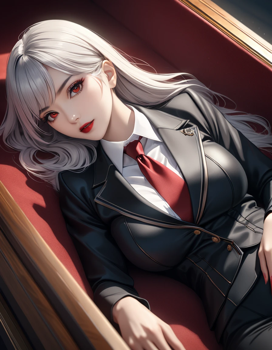 a mature vampire woman with big red eyes, white long hair, beautiful detailed face, laying down in a coffin, simple pose, attractive figure, shot straight. detailed outfit, white shirt, tight black suit, tie, tight black pants, (best quality,4k,8k,highres,masterpiece:1.2),ultra-detailed,HDR,UHD,studio lighting,ultra-fine painting,sharp focus,physically-based rendering,extreme detail description,professional,vivid colors,bokeh,dark fantasy,horror,chiaroscuro,dramatic lighting
