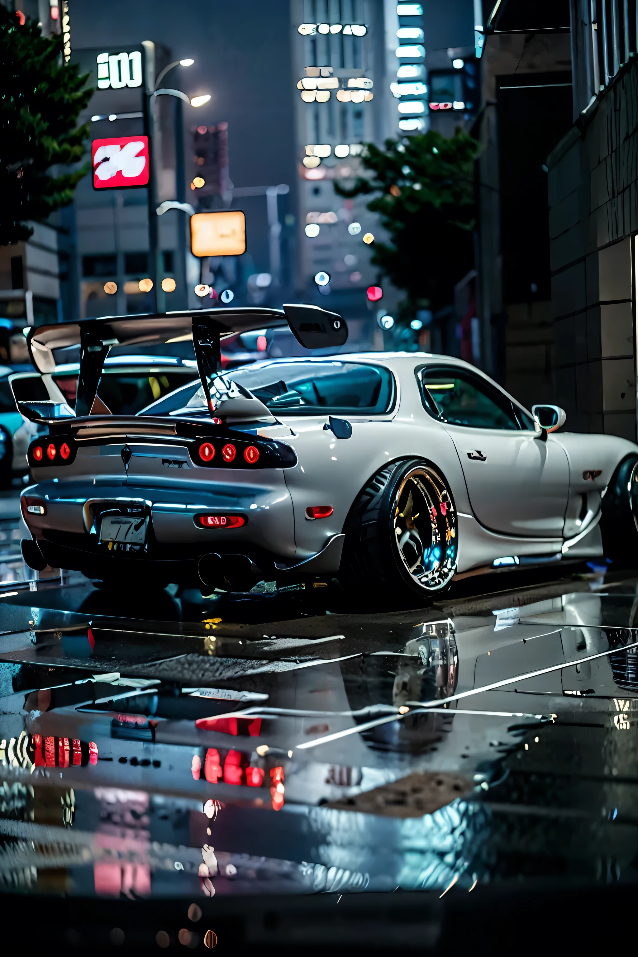 Tuned RX7 , Widebody kit , Deep rim wheel ,Custom car , cyberpunk , high definition, High Details,