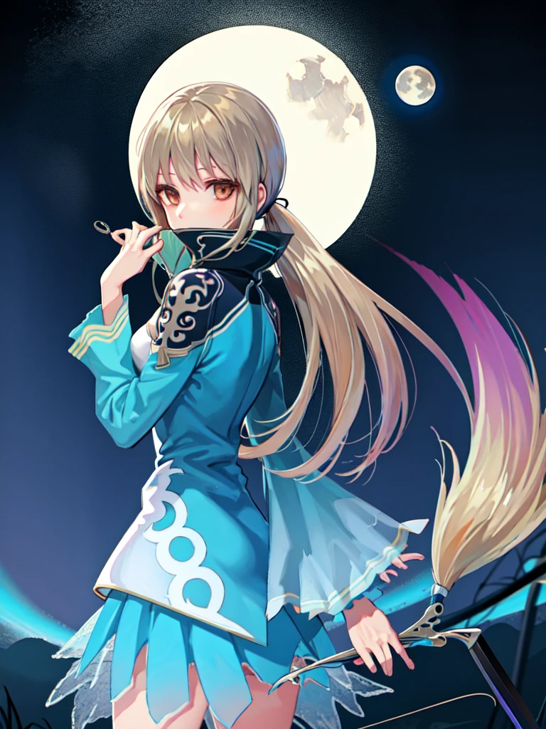 Attractive fishing girl sitting on a crescent moon, 1 person, A very thin line is hung straight down from a fishing pole, Aesthetic Earth attached to the top, Transparent and aesthetic internal illumination, nightview,aurora light behind the moon,anime style