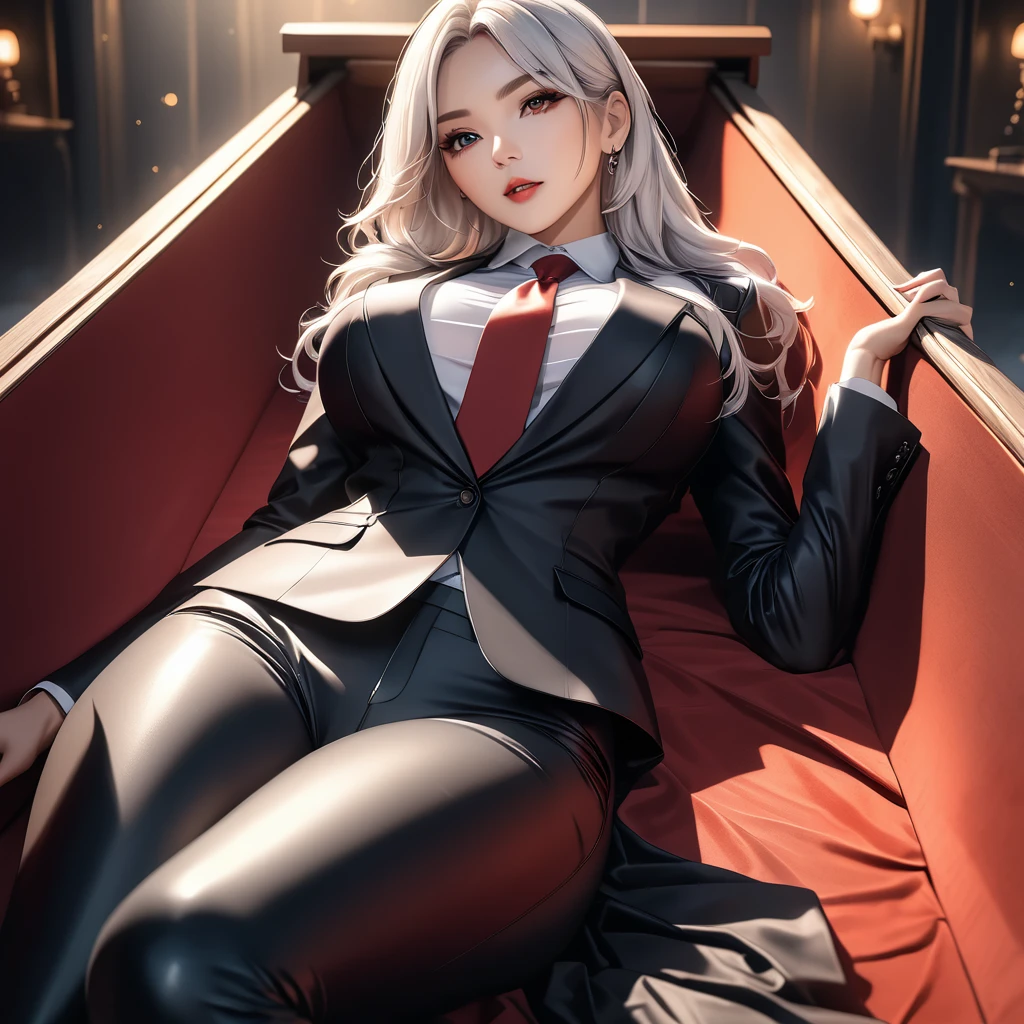 a mature vampire woman with big red eyes, white long hair, beautiful detailed face, laying down in a coffin, simple pose, attractive figure, shot straight. detailed outfit, white shirt, tight black suit, tie, tight black pants, (best quality,4k,8k,highres,masterpiece:1.2),ultra-detailed,HDR,UHD,studio lighting,ultra-fine painting,sharp focus,physically-based rendering,extreme detail description,professional,vivid colors,bokeh,dark fantasy,horror,chiaroscuro,dramatic lighting
