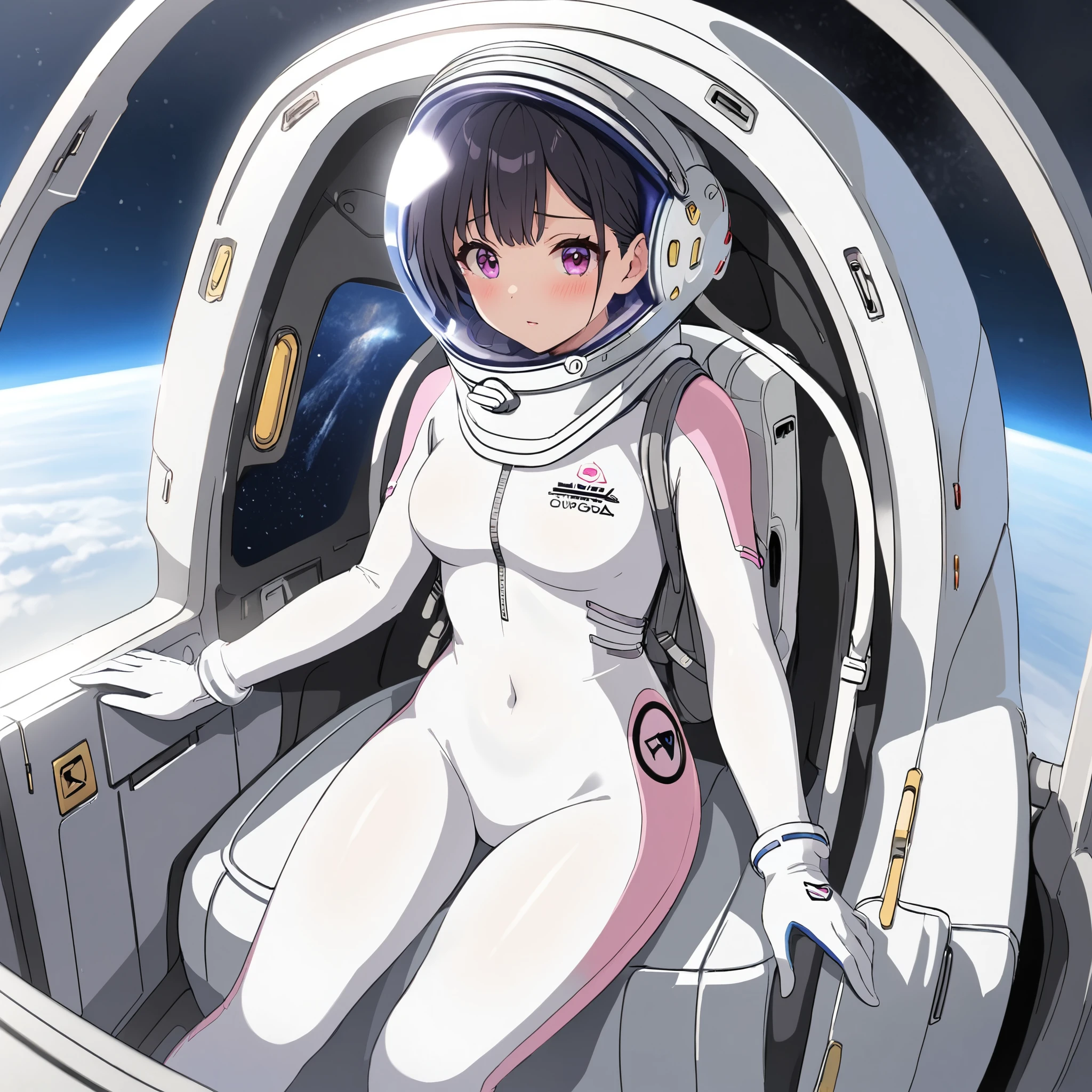 1人of女of子,Alone,short hair,(Space Suit:1.15), Black Hair Space Helmet ,whole body, indoor, masterpiece of the highest quality,  trembling, difficulty breathing, bodysuit,Lumine ,  Bubble Helmets , short hair,  backpack,gloves,blush,internal (cockpit) of (Futuristic spaceship:1.6), Sitting on narraw futuristic spacecraft cockpit seat, Covered navel, short hair