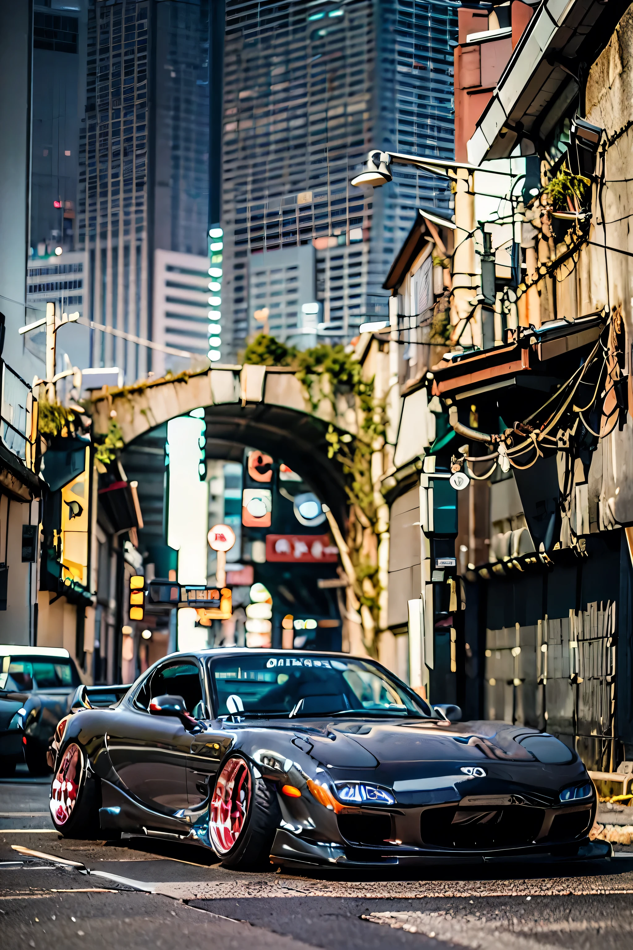 Tuned RX7 , Widebody kit , Deep rim wheel ,Custom car , cyberpunk , high definition, High Details,