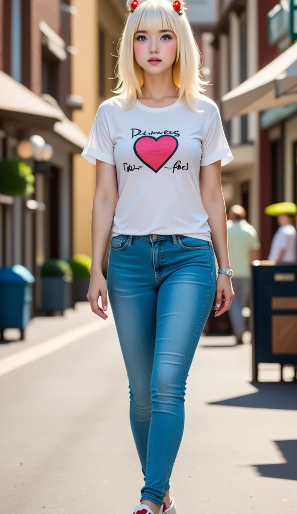  Princess Peach,  wide hips ,  Slim Body , Tight jeans,  detail face , (((No makeup:1.37))), (masterpiece:1.4, high definition:1.4,High image quality:1.4, 4K)、Cute face、Small breasts、(((" Princess Peach"T-shirts with the words)))、Stroll around downtown