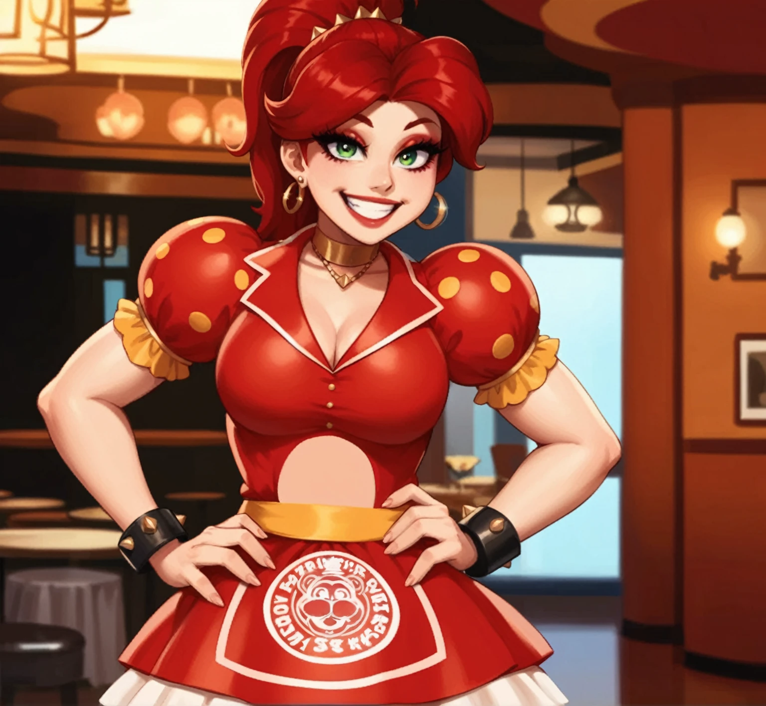 a very happy girl, looking at viewer, seen from the front, stomach, bare bulging abdomen, vintage dress with shoulder pads, with a plate of food in his hand, demure and modest, standing, slightly leaning on a table, big red hair with a very large ponytail, Green eyes, studded hair clip, two fringes, big smile and huge eyes, lively and beautiful character denotes serenity. and enthusiasm, red knee-length dress, long skirt with ruffles, red waitress outfit, big eyeliner and thick makeup, black bracelets with studs, gold earrings, orange scarf necklace on the neck, dark eyelashes, pastel tones and contrast with strong and deep tones. , beautiful composition, perfect arms and body, perfect and very detailed fingers, red gloves, rock details and glamour, restaurant
