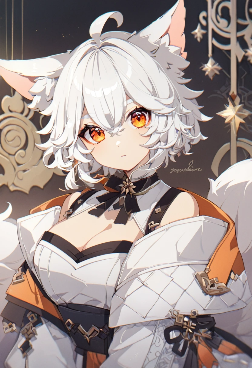 New character, short white hair, orange eyes, fox ears,chest,cleavage,Genshin style, cute girl  