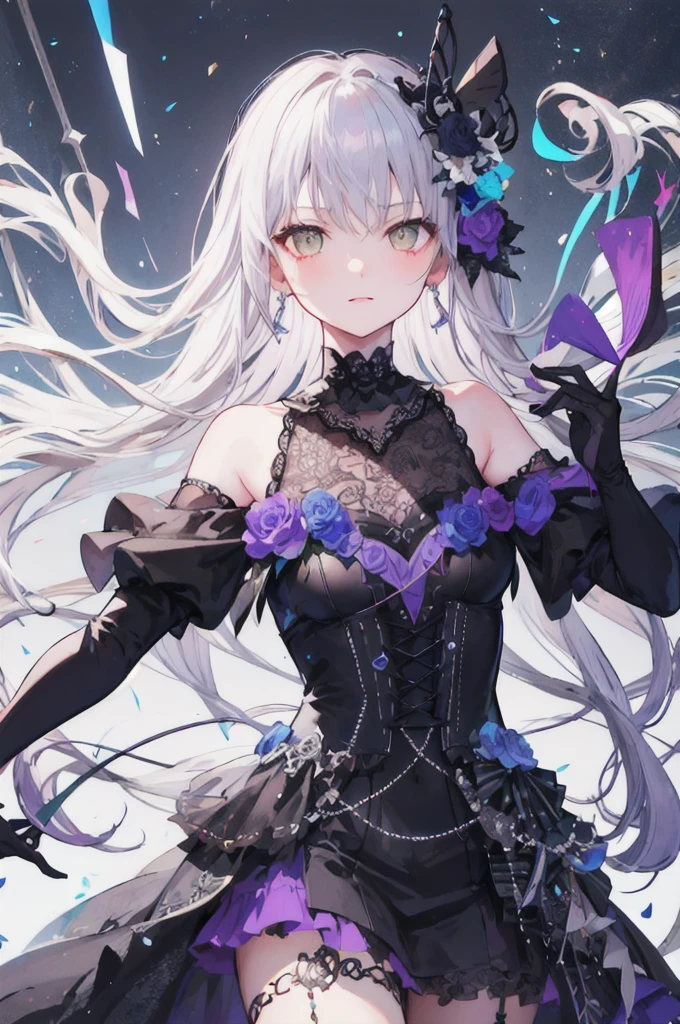 ( masterpiece ), ( best quality), Perfect composition, Clean, 8K, , [1 Girl,  cowboy shooting], (minato_Snow vegetable_Bond Dream:1), long grey hair, Sweep the bangs,  Bright eyes , Jewelry, hair_flower, Gothic fashion,  off-the-shoulder dress , embroidery, serious, Perseverance,  cinematic lighting,  high contrast , Geometric Patterns, ray, [glare, radiation],  Popular on pixiv , Neon inscription, Runes, [obsidian,  perspective , Star], DARK THEME 
