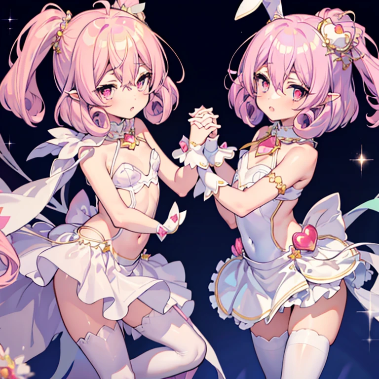  pink short bob hair ,white pantyhose, flat chest,Bunny costume, Magical girl in a ruffle skirt,2girls,Symmetric, facing each other and holding hands , standing , Fantasy,Starry Sky,Dreamland,Lots of iris balls , Knight ,bedroom,