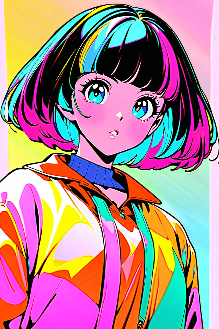 (Best Quality:1.2,  city pop style,  very detailed, Latest, Vibrant,  high-contrast , masterpiece:1.2, Best Quality, Best aesthetics),  girl, (( frontal upshot:1.4)),  colorful hair,  bob cut ,  pastel color ,  1980s style , ((Retro, Vintage, Plain background))