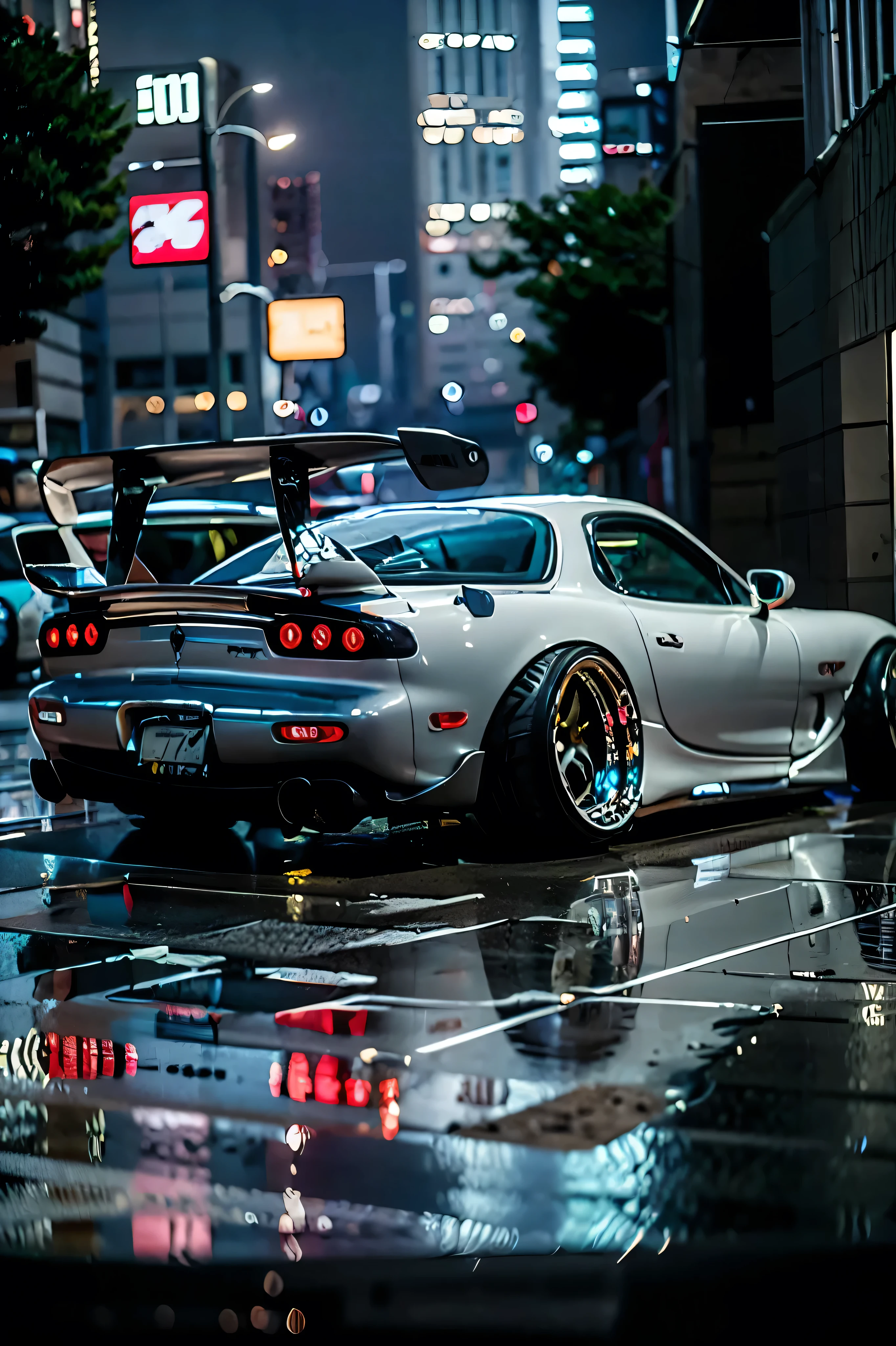Tuned RX7 , Widebody kit , Deep rim wheel ,Custom car , cyberpunk , high definition, High Details,
