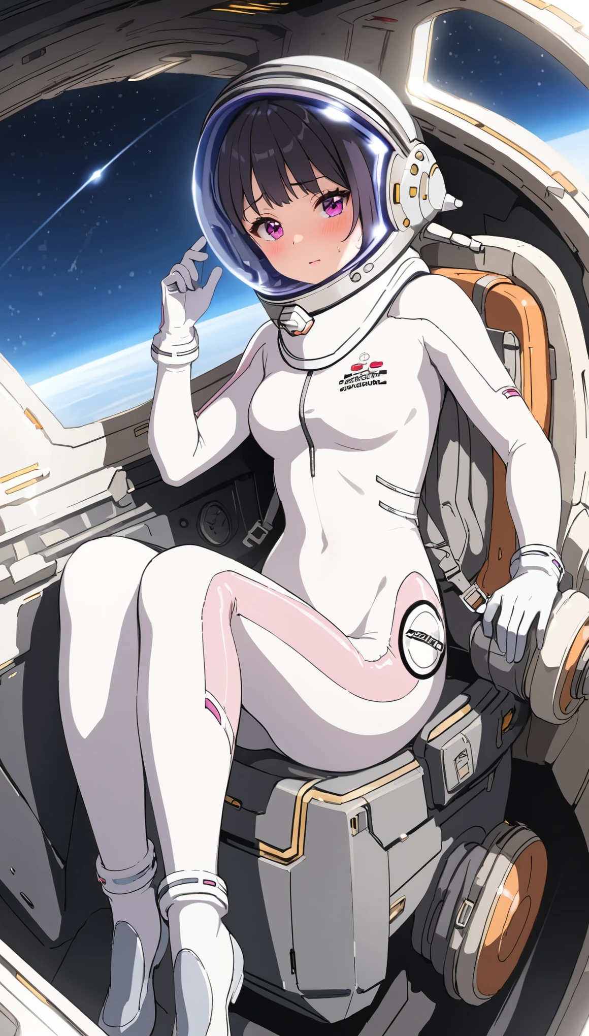 1人of女of子,Alone,short hair,(Space Suit:1.15), Black Hair Space Helmet ,whole body, indoor, masterpiece of the highest quality,  trembling, difficulty breathing, bodysuit,Lumine ,  Bubble Helmets , short hair,  backpack,gloves,blush,internal (cockpit) of (Futuristic spaceship:1.6), Sitting on narraw futuristic spacecraft cockpit seat, Covered navel, short hair