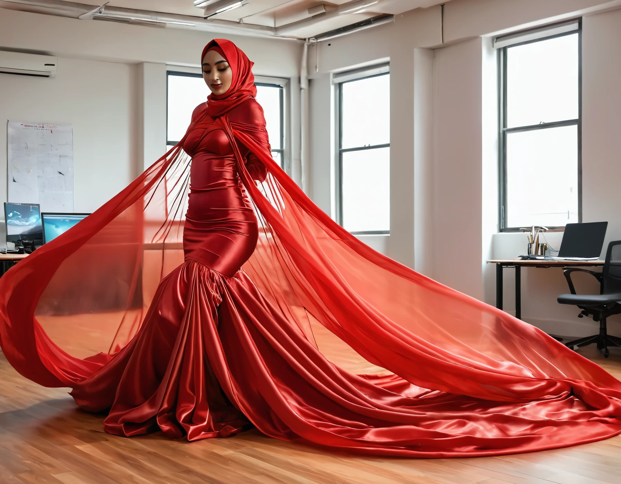 A woman shrouded in a 8-meter-long, plush red transparent satin cloth, tightly bound and grandly draping along the form of her body, flowing off into a pooled floor-length train, styled in a mermaid-inspired outfit, her head modestly veiled in a satin hijab, sexy,175 height woman, dancing in office, a full-body pose conveying a sense of elegance, captured in a 4k resolution, ultra-realistic