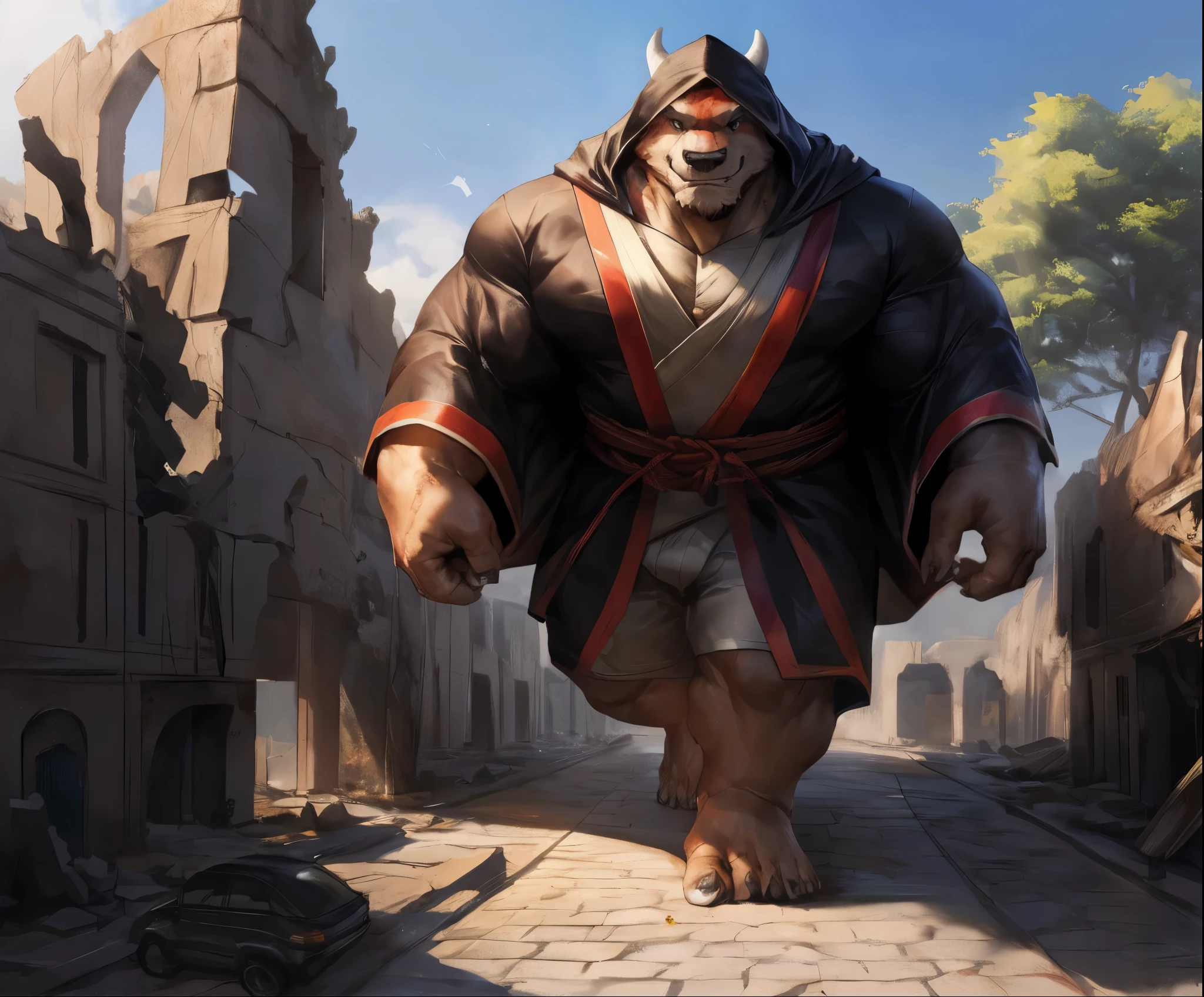 human nature , Cannon , Male, , (( the strong , handsome)), (dragon),(( Traditional Assassin Robe and Hood)), standing,(( Traditional Assassin Style )), hand in hand cross , high quality, (4K, high quality, high-resolution , masterpiece), Front view (Close-up), cartoon,by lindong, (Massiv:6.0, ( heavyweight,stark,Macro, Emphasize, Stepping on the ruins )), background((trees, Building, raise small wheel , the crack in the road, his position ))
