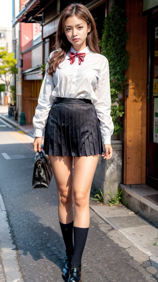 8k、（masterpiece、Best Quality:1.3）、（ very detailed:1.2）、 perfect anatomy、 Beautiful Japanese Women、18 years old、 high school students、 Healthy Thighs、 beautiful feet、Beautiful Skin、 random hair color 、 random hairstyles、Big Breasts、( Japanese high school uniform:1.3) 、 full body shot 、 loafers、I have a student bag in my hand、Main Street