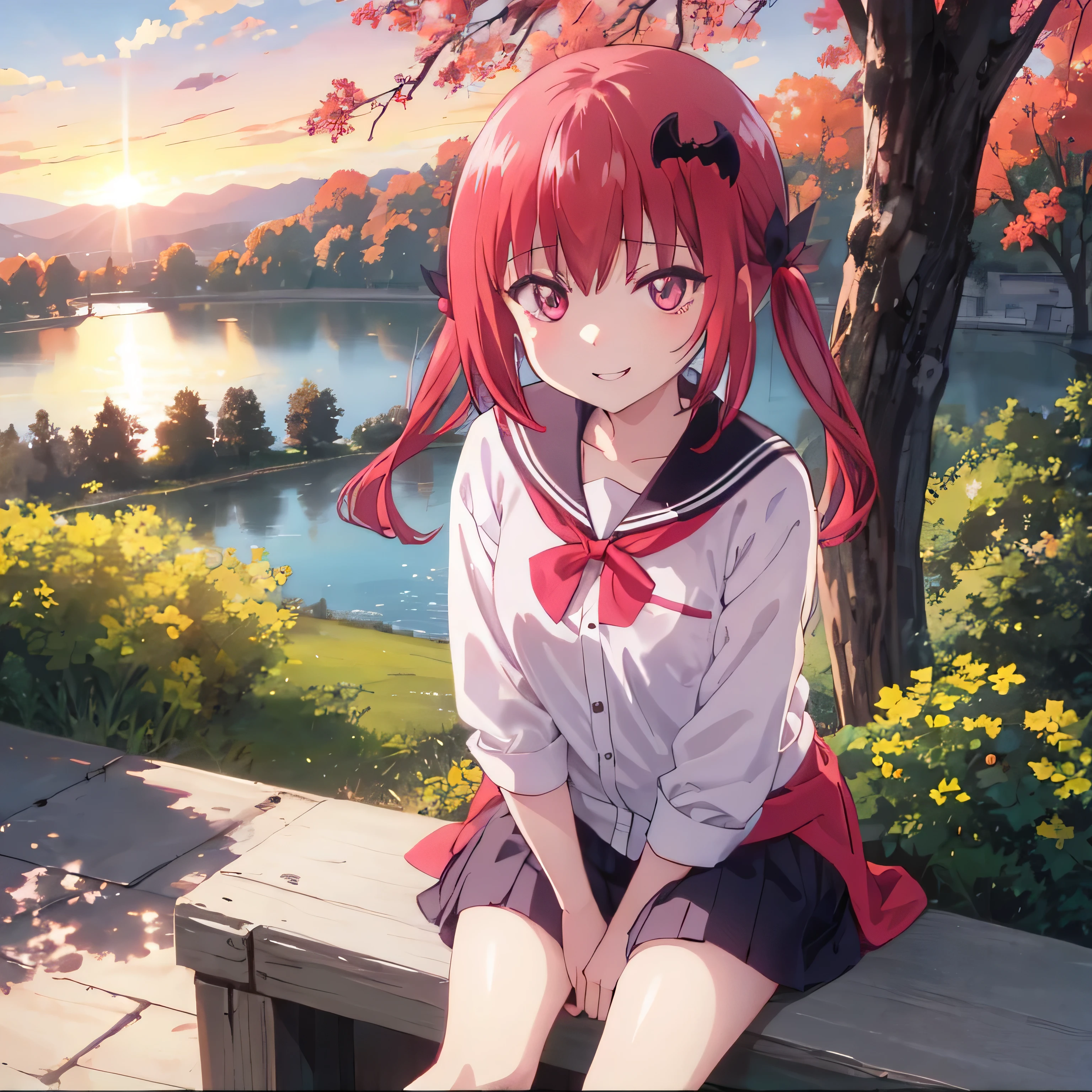 Beautiful sunny day sunset
with a lake with scattered clouds
Shadows of trees 
Satanichia McDowell Kurumizawa
Demonstrating her beautiful smile,  sitting and 
supported by a tree and relaxed 

Magenta eyes
long red hair tied up with 2 pigtails
accessory on your neck and
beautifully dressed 

View from above 