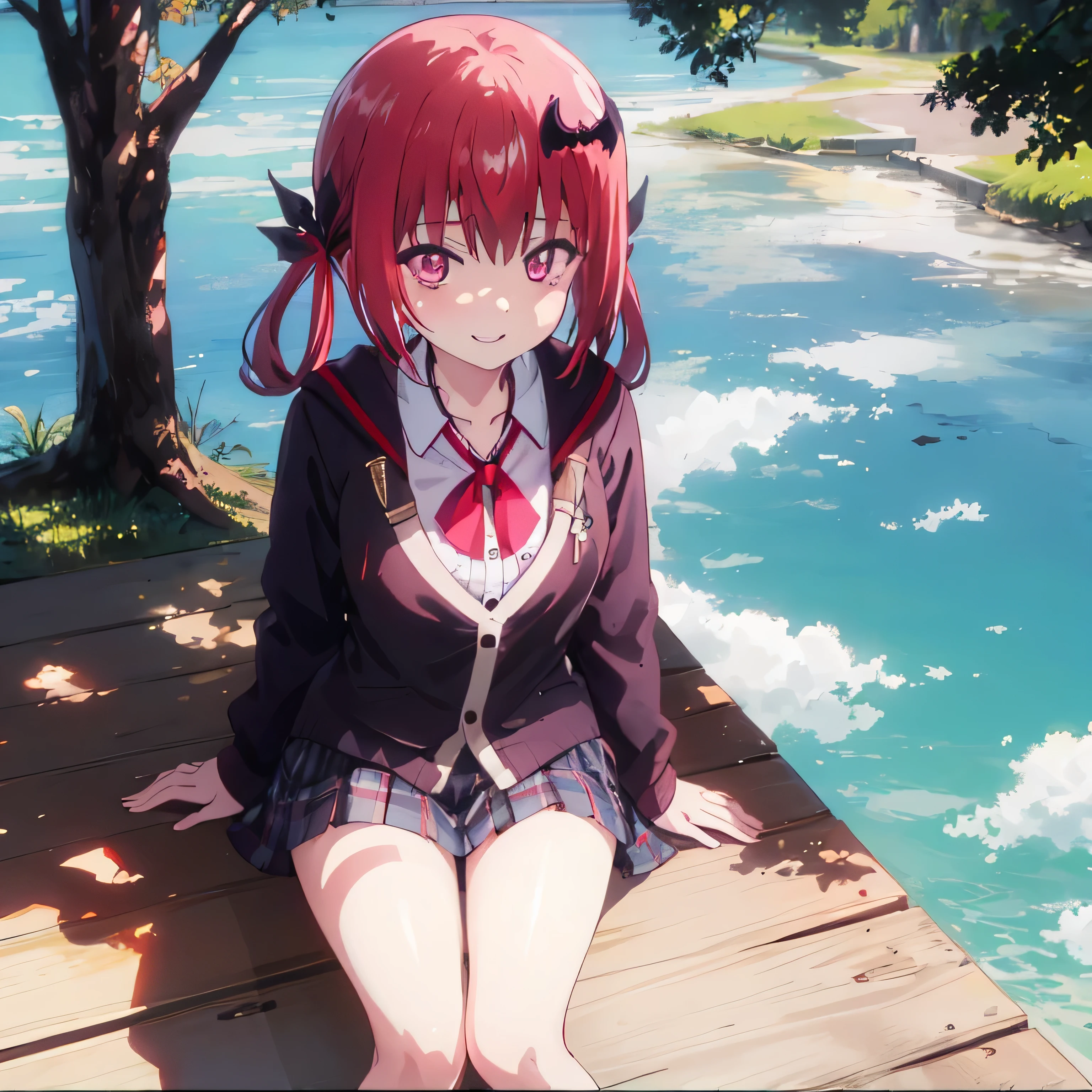 Beautiful sunny day sunset
with a lake with scattered clouds
Shadows of trees 
Satanichia McDowell Kurumizawa
Demonstrating her beautiful smile,  sitting and 
supported by a tree and relaxed 

Magenta eyes
long red hair tied up with 2 pigtails
accessory on your neck and
beautifully dressed 

View from above 