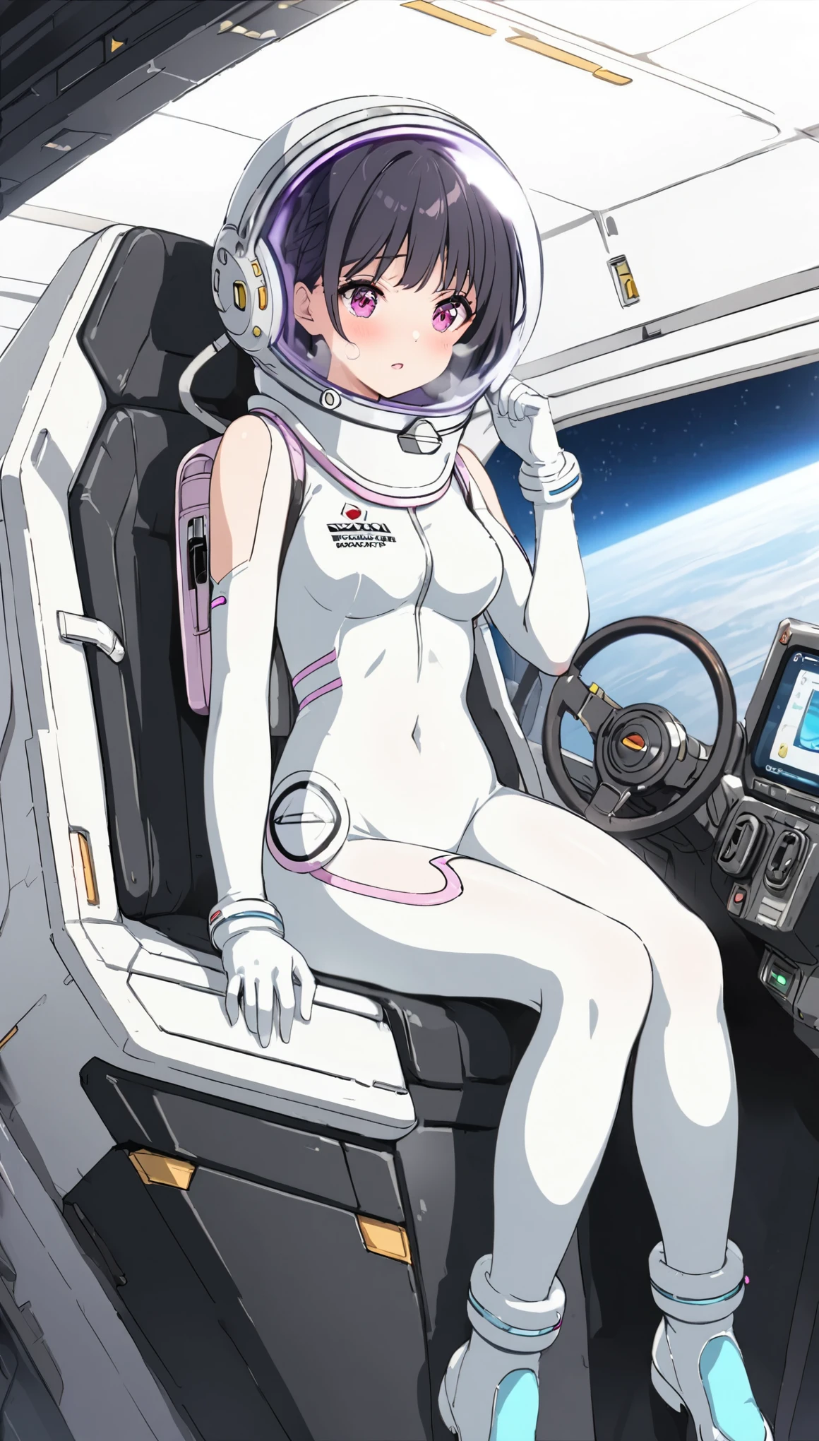 1人of女of子,Alone,short hair,(Space Suit:1.15), Black Hair Space Helmet ,whole body, indoor, masterpiece of the highest quality, trembling, difficulty breathing, bodysuit,Lumine , Bubble Helmets , short hair, backpack,gloves,blush,internal (cockpit) of (Futuristic spaceship:1.6), Sitting on narraw futuristic spacecraft cockpit seat, Covered navel, short hair