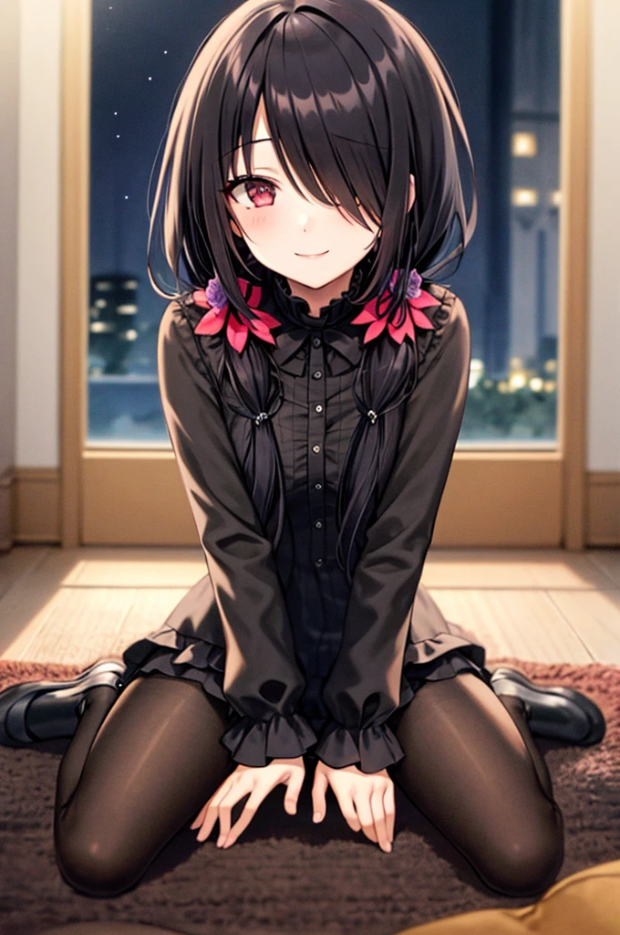 1 Girl,  unique, Kneel down, constellation, 
cckurumi, Long hair,  low twintails, Hair Flower,  hair covering one eye , Hairpin, Gothic,  black dress, ribbon,  pantyhose, 
slippers, 
Sitting,  Smile,  look at the audience , 
Lean forward, 
indoor, living room, television, window, plant, Area rugs,,  Strange atmosphere, ( best quality:1.1), ( masterpiece :1.2), High quality shadows,  beautiful and detailed , (  , Skin details), (Wide_landscape, 8K), Beautiful Face,  delicate eyes , Depth of Field,   There is a dramatic light in the church ,  best quality,  high resolution ,  best shadows , Optimal lighting,