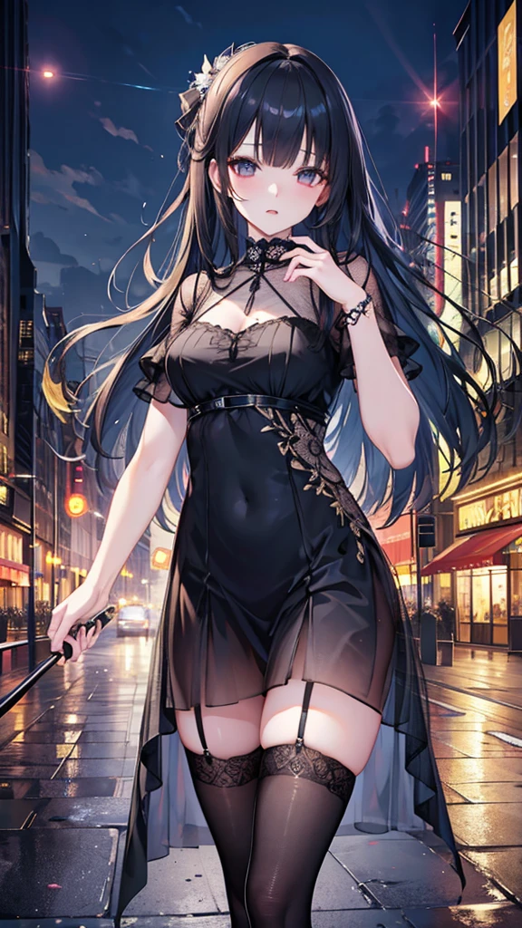 1girl, solo, Sexy, vibrant colors, girl, masterpiece, sharp focus, best quality, depth of field, cinematic lighting, action shot, black hair, very long hair, brown eyes, outdoors, medium breasts, bare shoulders, colored inner hair, night sky, full body shot,