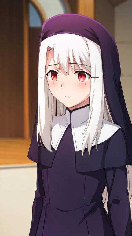 (1girl, illyasviel von einzbern ubw, long hair, white hair, red eyes:1.2),
BREAK nun, black head veil, black scapular, black tunic,
BREAK (full-face blush:1.2), shy,
BREAK standing,
BREAK from below, cowboy shot,
BREAK (house, indoor:1.2),
BREAK (best quality:1.2), (ultra detailed, professional quality:1.1), detailed beautiful face, detailed beautiful eyes, Top quality, (masterpiece:1.2), high detail),