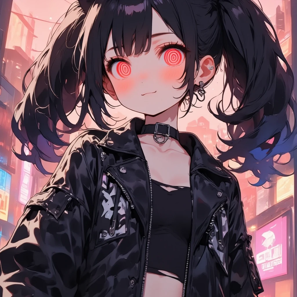 One girl、Pouty face、blush、Cat ears and tail、Teenage Girl、(slit pupils), (Red eyes), (Beautiful detailed eyes: 1.6)、Black Hair、 parted bangs、Long Hair、Twin tails(Red Gradient)，Earrings、Hair Clip、 Tattered Coat, camisole,Shorts,Choker、Cyberpunk woman detailed silhouette, masterpiece、Best Quality、High resolution、Very detailed、Clear white skin、Simple white background,Great graphics,neon Cyberpunk Cities,red moon night