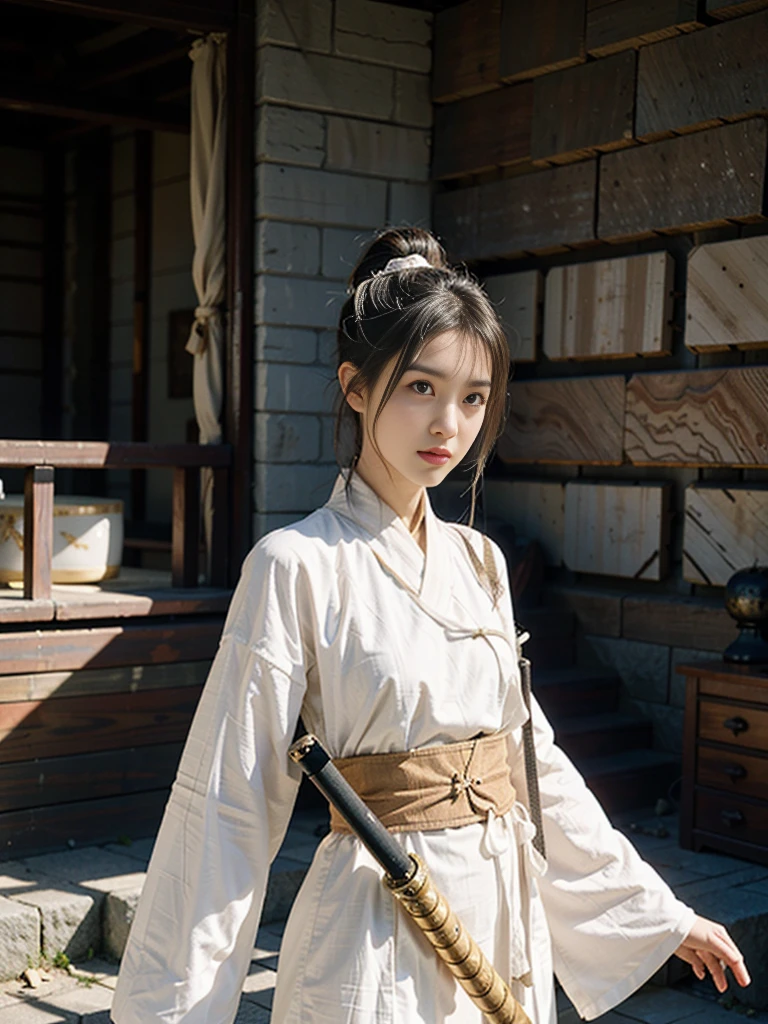 1girll，Bunched hair，hair-bun，Ancient Chinese white robe and Hanfu, Bamboo_Hat, Riding a tall white horse，Wield an ancient Chinese sword，A desert，Ancient Chinese fortress background, castle wall, （strong winds：1.5），Ultra-detailed face and eyes，32K，best qualtiy，Bokeh，softlighting，Natural lighting