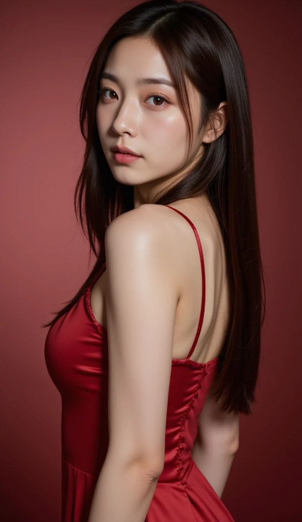 upper body, ;D,natural wink,one Japanese girl,sexy red party dress, grown-up face ,Body and face facing front, white background. Looking forward.