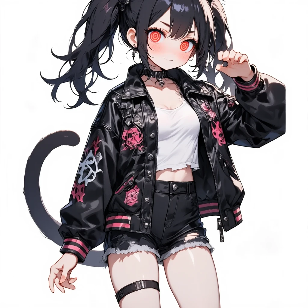 One girl、Pouty face、blush、Cat ears and tail、Teenage Girl、(slit pupils), (Red eyes), (Beautiful detailed eyes: 1.6)、Black Hair、 parted bangs、Long Hair、Twin tails(Red Gradient)，Earrings、Hair Clip、 Tattered Coat, camisole,Shorts,Choker、Cyberpunk woman detailed silhouette, masterpiece、Best Quality、High resolution、Very detailed、Clear white skin、Simple white background,Great graphics、