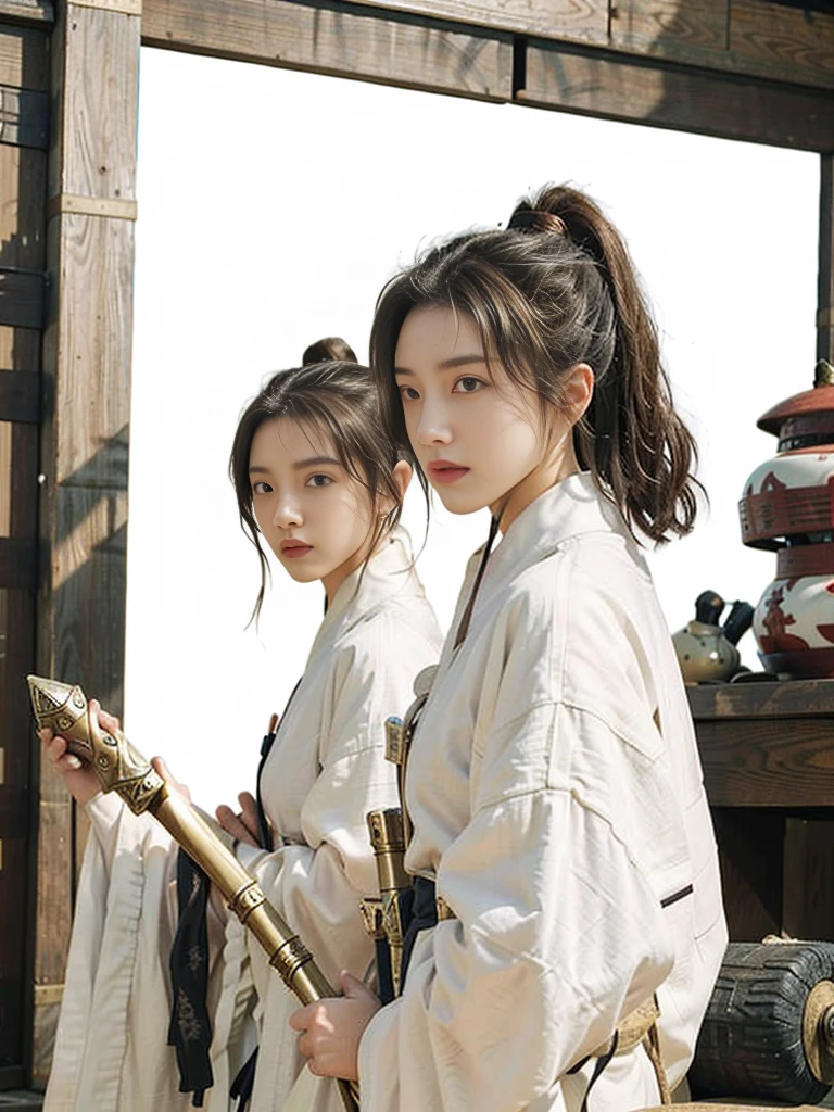 1girll，Bunched hair，hair-bun，Ancient Chinese white robe and Hanfu, Bamboo_Hat, Riding a tall white horse，Wield an ancient Chinese sword，A desert，Ancient Chinese fortress background, castle wall, （strong winds：1.5），Ultra-detailed face and eyes，32K，best qualtiy，Bokeh，softlighting，Natural lighting