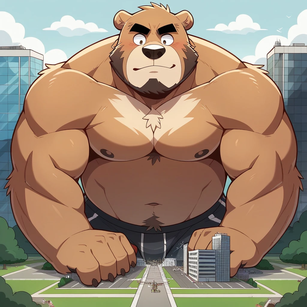 Scribble grizzly bear face ,Humanity (brown bear ),(Topless:1.3),pummelig,( black eyebrows :1.1),(perfect eyes),brown fur,(artist:takemoto arashi),Swimming in a lake,( funny black underwear:1.3),paw,( Black beard :1.3), (Massiv:3.0, ( heavyweight,stark,Macro, Emphasize )), background((Building, , the crack in the road )),