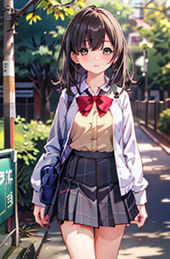 Ogiwara-san is sad,  1 girl, Alone,  school uniform that looks like an emotional face,  long sleeve , Skirt Grey, , (Absurd), ( high definition),  , Walking in the park, ( Highly Detailed CG Unity 8K Wallpaper,masterpiece, Best Quality, Super detailed), nude, big chest、