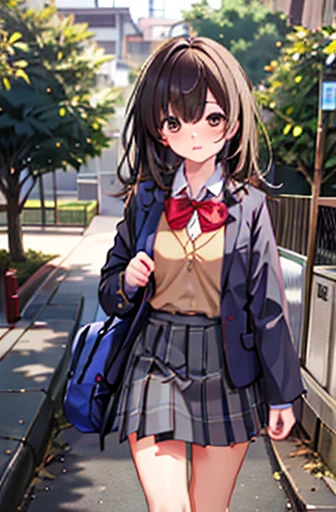 Ogiwara-san is sad,  1 girl, Alone,  school uniform that looks like an emotional face,  long sleeve , Skirt Grey, , (Absurd), ( high definition),  , Walking in the park, ( Highly Detailed CG Unity 8K Wallpaper,masterpiece, Best Quality, Super detailed), nude, big chest、