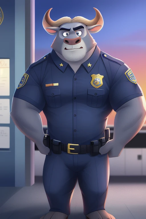 Chief Bogo ,Zootopia , Cow Man, Police station in the background,prisoner costume