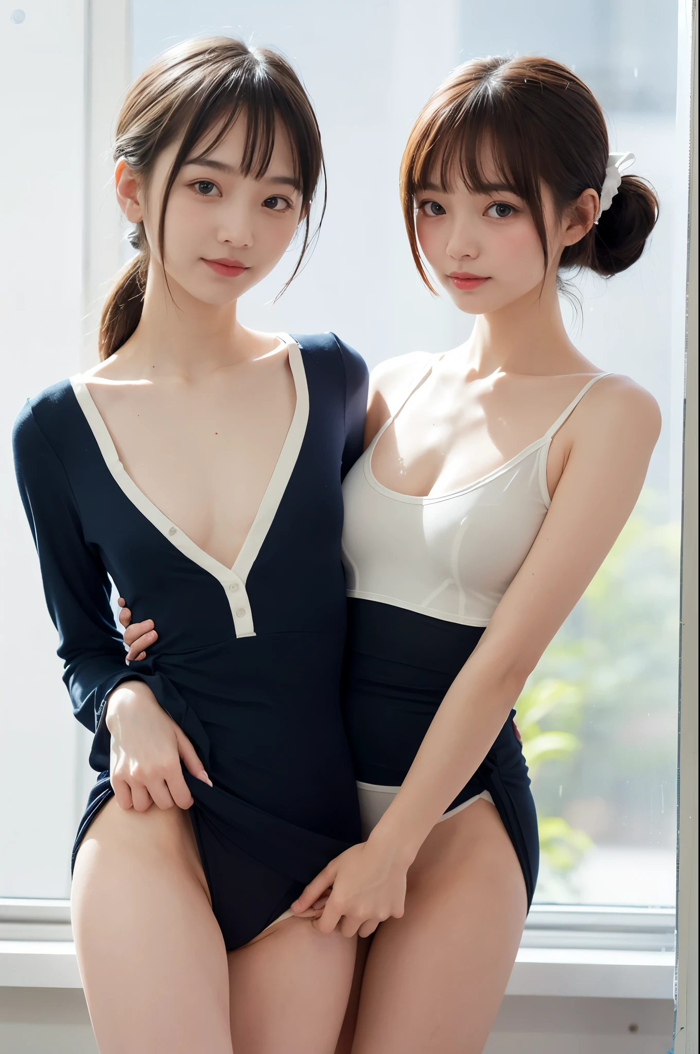 Two girls standing at ear window in school classroom,Navy blue unitard with white trim,break,bangs,smile,Thighs,knees,break,Short hair with low pigtails,from before,Front light,((、slender、Slender and extremely thin、Sexy collarbone、Flat chest、Very small breasts))、She is looking back at the camera with her butt facing the camera