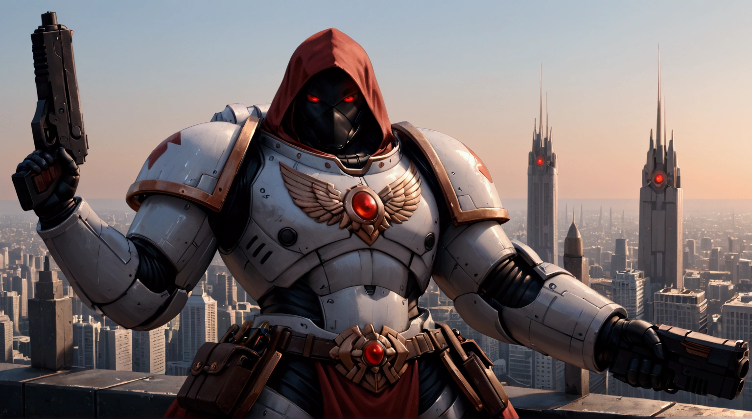 Detailed artwork of multiple science fiction warriors in power armor, holding glowing futuristic weapons and guns, with hoods, glowing red eyes, and pouches, against a backdrop of a futuristic cityscape, in the style of artgerm, greg rutkowski, and alphonse mucha