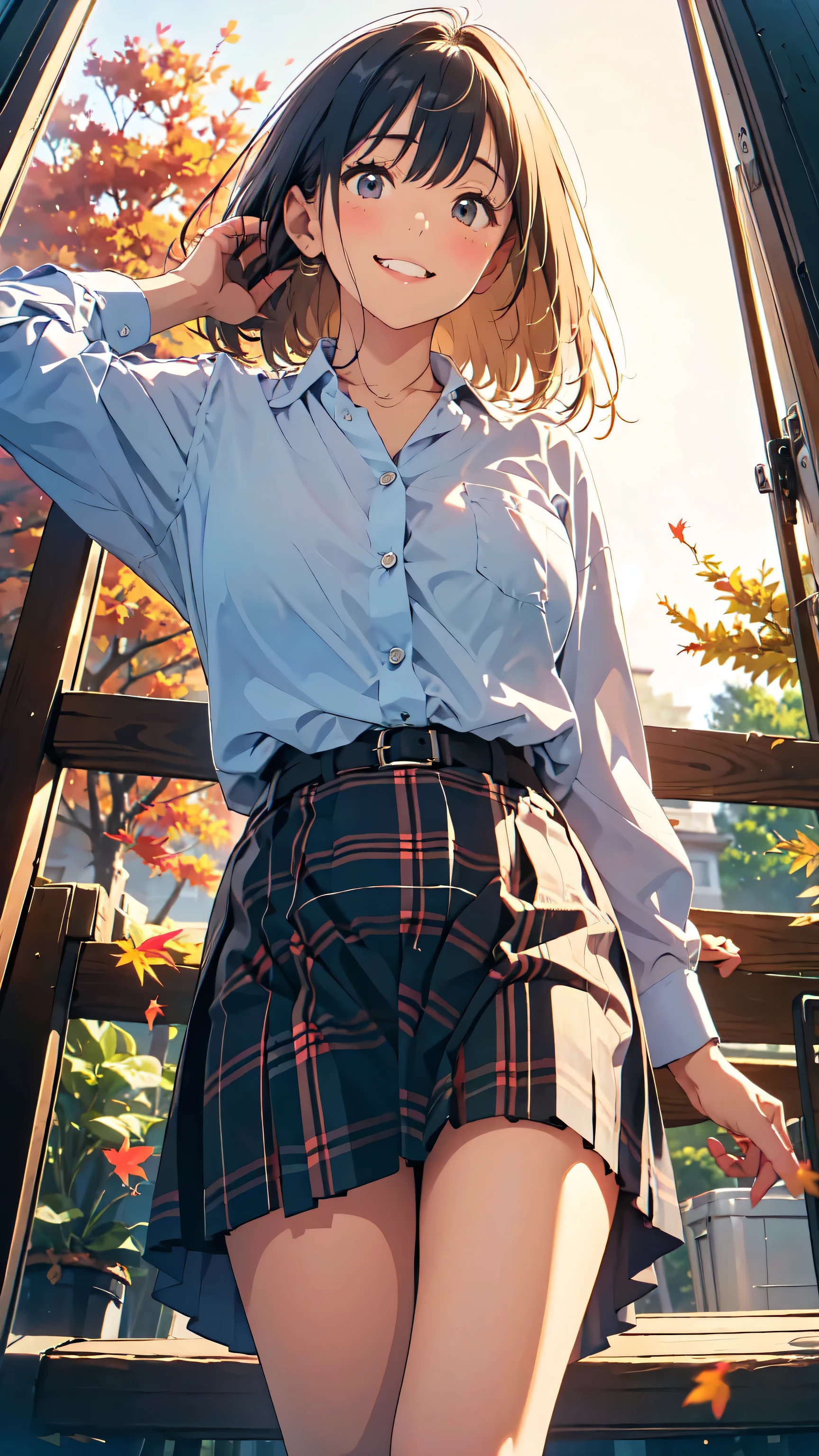 Very Cute and Beautiful Adult Women ,23 years old, OL, (( Casual Linen Shirts , Open Button Shirts )), Droopy eyes, Beautiful legs, model body type, Natural Large Breasts :1.5, ( very detailed 美しい顔), (smile, shame), Black Hair , semi-long , Seraphim,( Long Sleeve Plaid Linen Shirts , Long skirt), Women in White Blouses and Tight Skirts , stroll, (From below),(stripes々 panties, random color), (Best Quality,masterpiece:1.0), absurd, kampala,Super detailed, very detailed ,32K,8k resolution, intricate details,Movie Scene, detailed background,Alone, Dynamic Angle, autumn leaves, autumn leavesした落ち葉, garden, autumn leavesした木々, Autumn breeze,