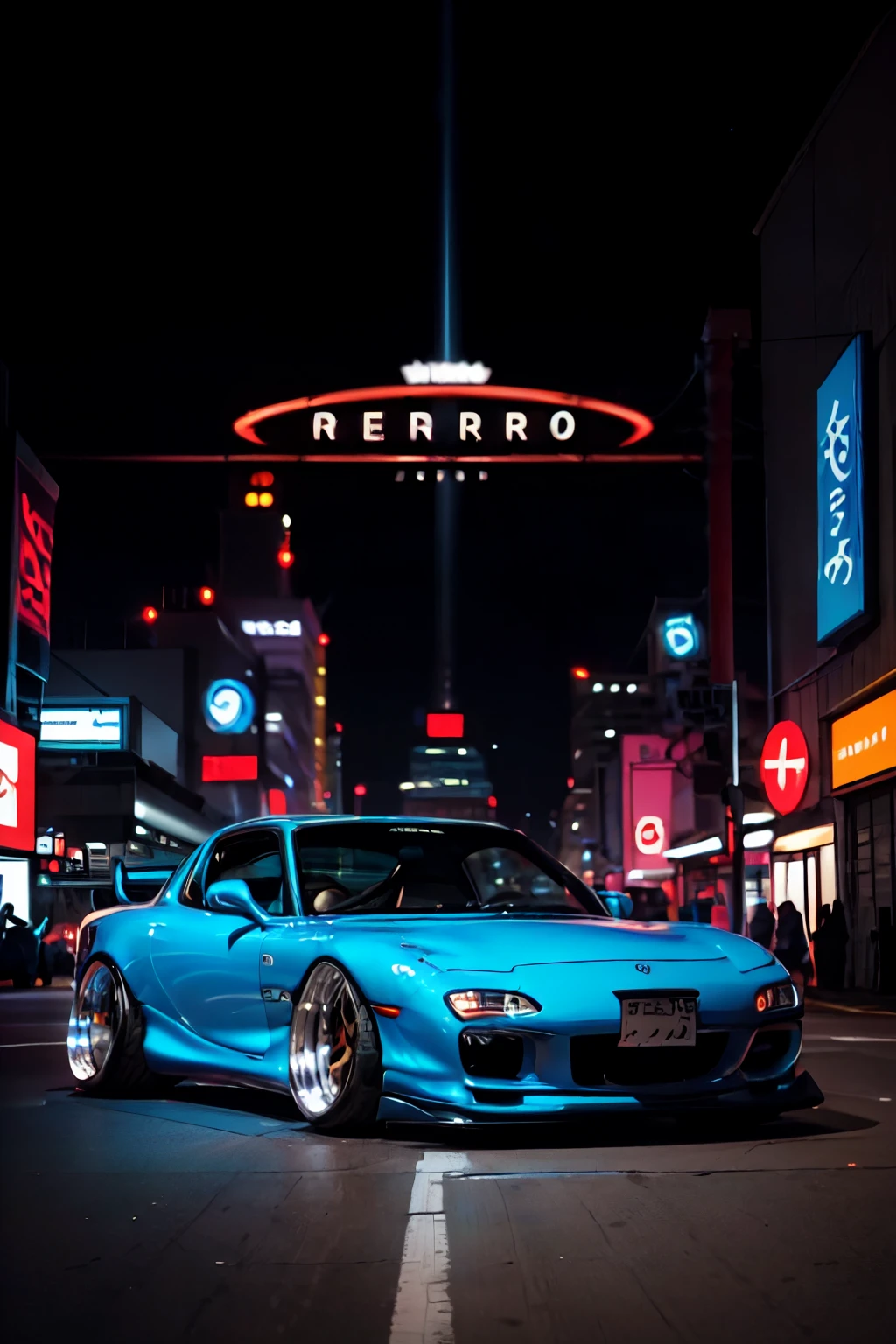 Tuned RX7 and a pretty girl , Widebody kit , Deep rim wheel ,Custom car , cyberpunk , high definition, High Details,