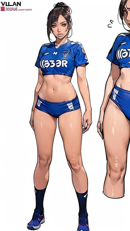 ((masterpiece)),(((best quality))),((character design sheet)),((rough sketch)),((vulgar)),thick thighs,1girl,blond hair,big ,((between breasts)),pussy juice,wearing an Wet sexual soccer uniform and soccer shoes,shirt harf lift,milking