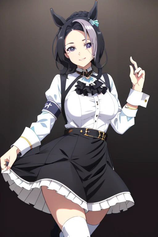 (8K、Top image quality、top-quality、​masterpiece)、1 girl in、A dark-haired、short-hair、((Twin-tailed))、waved hair、blunt bangs、Gray eyes、piercings、evilsmile、Moderately breasts、Pink ruffled clothes、off shoulders、long-sleeve、a black ribbon、Black miniskirt、((skirt lift))、((purple panties))、(jirai kei attire)、cowboy  shot、((natta))、Downtown background