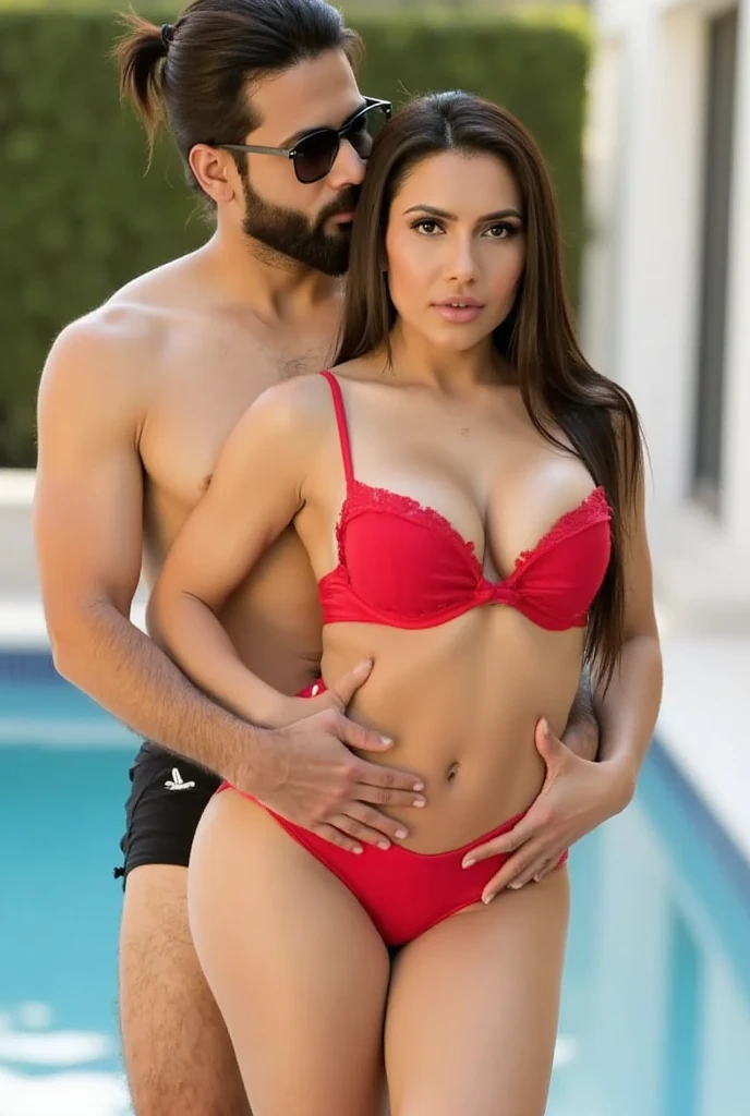 girl, tanned, makeup, lipstick, long red wavy hair with bangs, cleavage, short mini skirt, pantyhose, hugging a mature man having sex, cumming, man's erect dick inside the girl's pussy