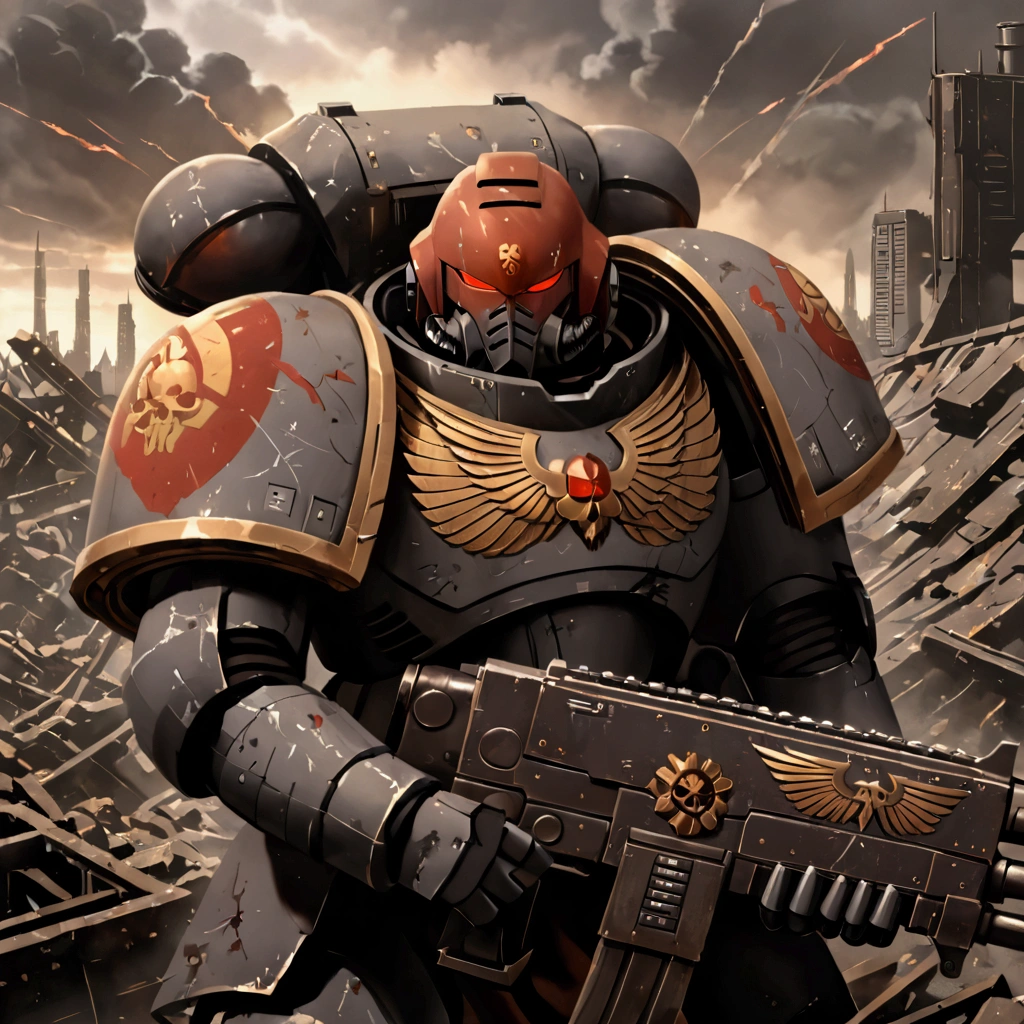 Heavily damaged and battle-worn mecha warrior standing in a desolate, war-torn landscape, rusted and scarred armor plating, red glowing eyes piercing through the grime, ornate and imposing pauldrons and shoulder armor, gripping a massive machine gun in a powerful, confrontational pose, detailed mechanical design with exposed inner workings, intricate futuristic machinery, collapsed buildings and debris in the background, ominous cloudy sky, dystopian science fiction, digital painting in the cinematic, hyper-realistic style of Greg Rutkowski