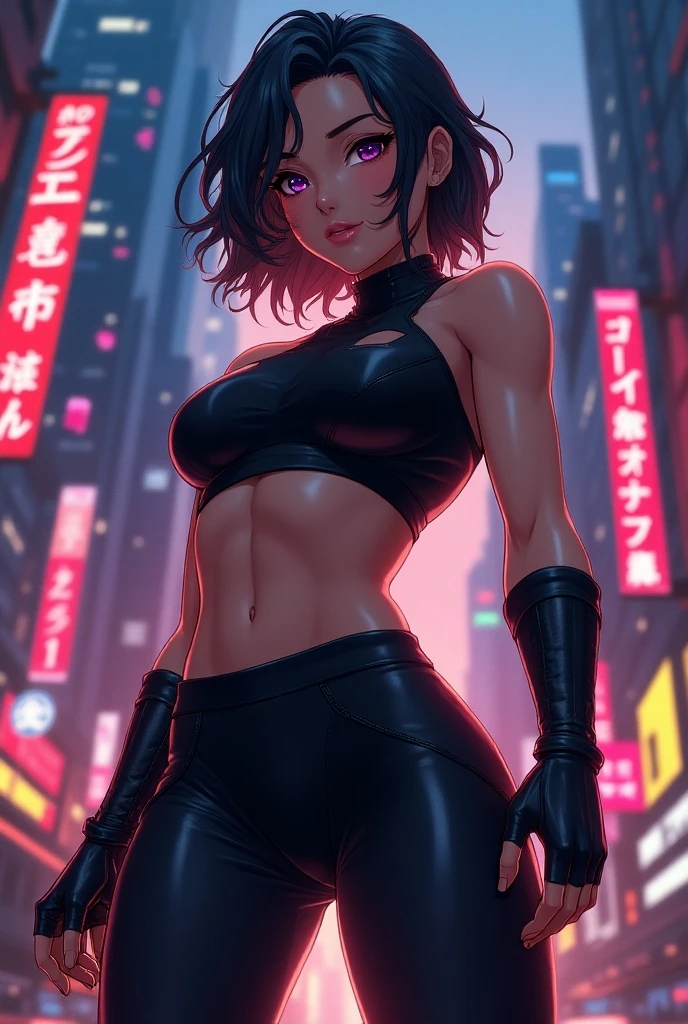 score_9, score_8_up, score_7_up, score_6_up,  , Th1sUs3r, realistic, 1girl, cute girl, tomboy, short black hair, blue eyes, [freckles], tanned skin, small perky breasts, fit, sligtly muscular, perfect butt, makeup, hoop earrings, gold choker, black dress, sleeveless, plunging neckline, long dress, posing, outdoor, city, night, neon lights, pinup pose, nipple peek, bare arms, standing up