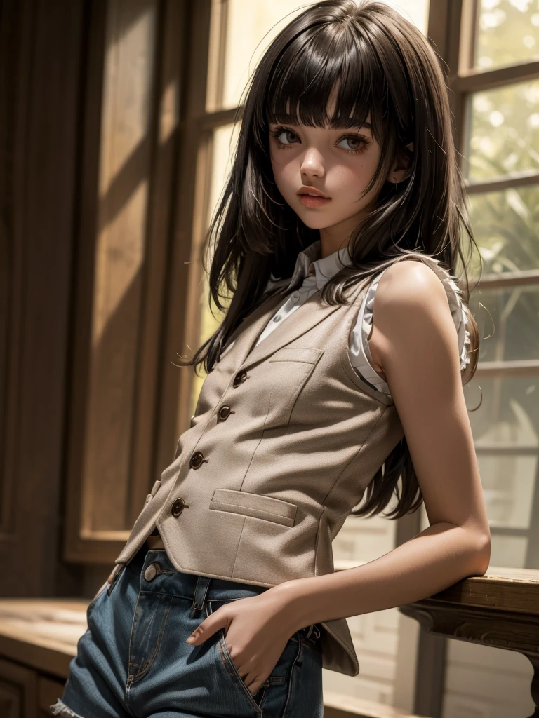 1girl, ((Caucasian)), white girl, older teen, small slender body, ((vest)), dress shirt, long brown hair, bangs, (brown eyes), ((textured bangs)), full lips, (masterpiece, best quality)
