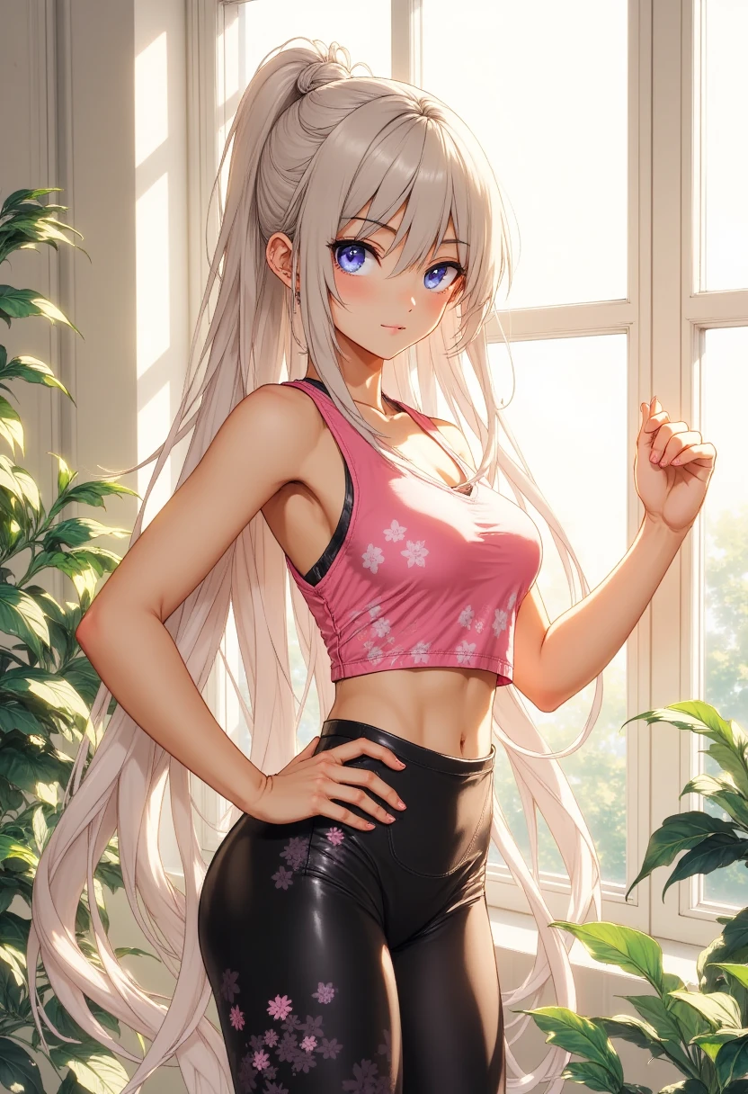 Masterpiece, Best Quality, 8K, Photographic Reality, Realistic, Octane Rendering, Japanese Gym Exercise (1 woman: 1.4), (Only one woman shown in the picture: 1.4), (Long blonde hair), (Pink sports vest|black yoga pants), (Blue eyes) Side display