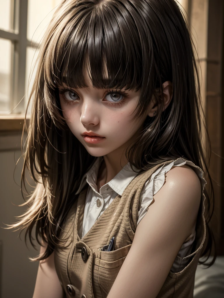 1girl, ((Caucasian)), white girl, older teen, small slender body, ((vest)), dress shirt, long brown hair, bangs, (brown eyes), ((textured bangs)), full lips, (masterpiece, best quality)
