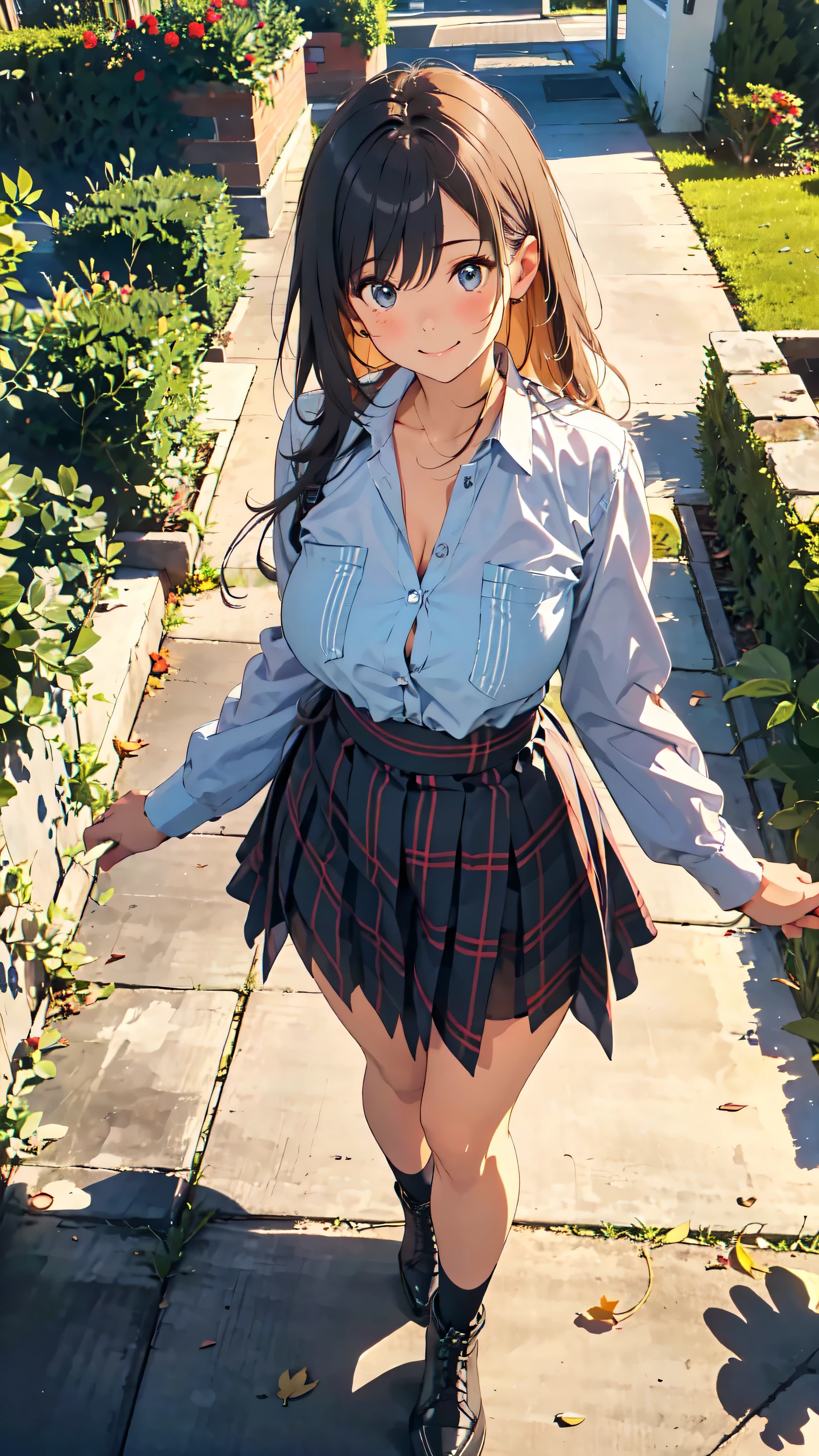 Very Cute and Beautiful Adult Women, 23 years old, OL, ((Casual Linen Shirts, Open Button Shirts )), Droopy eyes, Beautiful legs, model body type, Natural Large Breasts:1.5, ( very detailed 美しい顔), (smile, shame), Black Hair , semi-long , Seraphim,( Long Sleeve Plaid Linen Shirts , Long skirt), Women in White Blouses and Tight Skirts , stroll, (From above),(stripes panties, random color), (Best Quality,masterpiece:1.0), absurd, kampala,Super detailed, very detailed ,32K,8k resolution, intricate details,Movie Scene, detailed background, Alone, Dynamic Angle, autumn leaves, autumn leavesした落ち葉, garden, autumn leavesした木々, Autumn breeze,