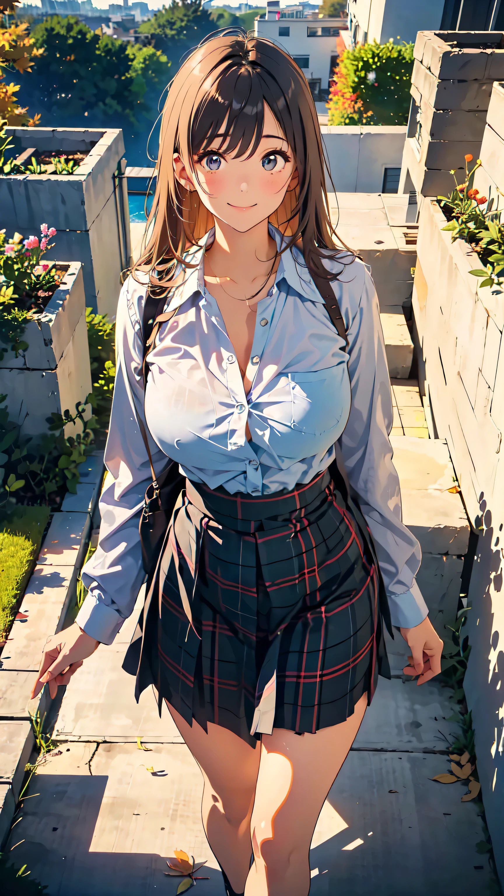 Very Cute and Beautiful Adult Women, 23 years old, OL, ((Casual Linen Shirts, Open Button Shirts )), Droopy eyes, Beautiful legs, model body type, Natural Large Breasts:1.5, ( very detailed 美しい顔), (smile, shame), Black Hair , semi-long , Seraphim,( Long Sleeve Plaid Linen Shirts , Long skirt), Women in White Blouses and Tight Skirts , stroll, (From above),(stripes panties, random color), (Best Quality,masterpiece:1.0), absurd, kampala,Super detailed, very detailed ,32K,8k resolution, intricate details,Movie Scene, detailed background, Alone, Dynamic Angle, autumn leaves, autumn leavesした落ち葉, garden, autumn leavesした木々, Autumn breeze,
