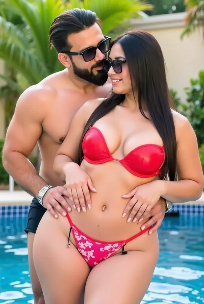 Full-body shot of a stocky 30-year-old Mexican man embracing and kissing a nude young woman on the beach