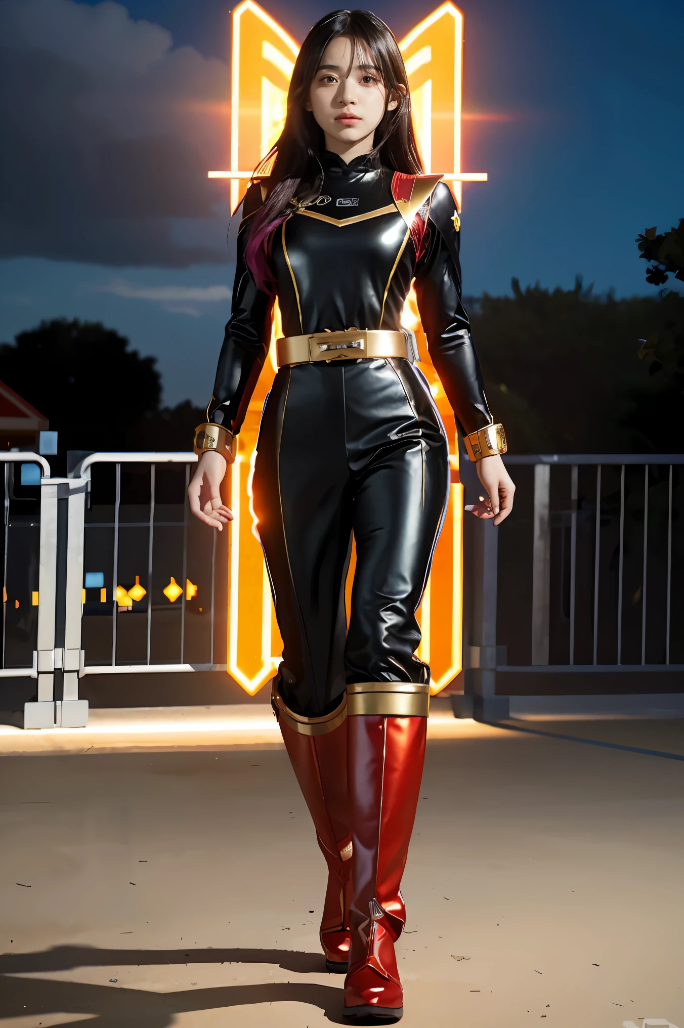 **Image Description:**
- Setting: Outdoor sunset with a colorful sky, in a fantasy theme.
- Character: A young girl with long dark hair, depicted as a police in a black outfit with gold details.
- Outfit: A Power Ranger-inspired black suit featuring a red star.
- Style: Extremely detailed and high resolution, with volumetric lighting and ambient occlusion, showcasing a sacred aura and halo.
This is a full-body illustration combining elements of fantasy and a police theme.